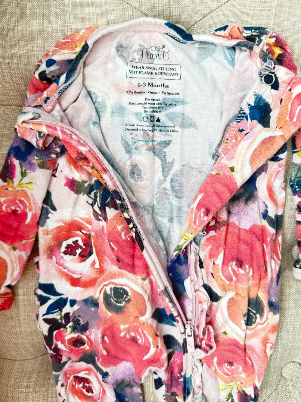 Posh Peanut Baby Gurl Pink Floral One-Piece Coverall Pajama Romper- GUC - Picture 2 of 3
